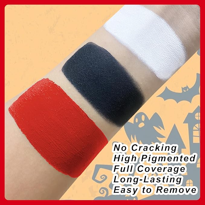 Black White Red Face Paint + 3PC Sponge + Brush,3 Colors Body Paint Halloween SFX Makeup Kit for Devil Goths Joker Clown Vampire Skeleton,Eye Black for Baseball/Softball/Football,21g