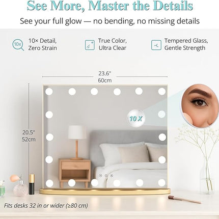 LUXFURNI Hollywood Glamour Vanity Mirror with 4 Extra Bottom Bulbs | Shadow-Free, Perfect Makeup View | Desk & Wall Mountable | 3 Color Modes for Office, Outdoor, Party Looks | USB Charging