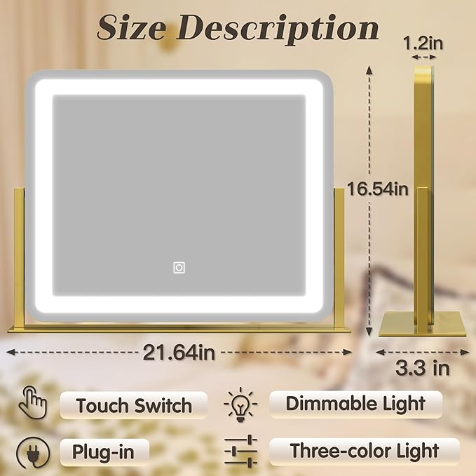 Gold Vanity Mirror with Lights - Smart Touch Dimming, 3-Color Lighting, 360° Rotatable Desktop Makeup Mirror for Desk, 22"x17"