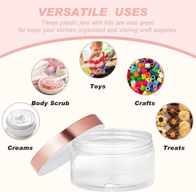Uiifan 48 Pcs 8 oz Plastic Jars with Lids &labels, Empty Refillable Cosmetic Leak Proof Containers for Cream Body Butters Powder Ointment Lip Scrub(Clear with Rose Gold Lids)