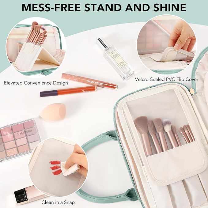 Travel Makeup Bag for Women Fashion Large Capacity Pouch Open Flat Cosmetic Portable Organizer Waterproof Large Opening Storage Toiletry Bags Vertical Free-Standing Brush Holder for Easy Access Blue