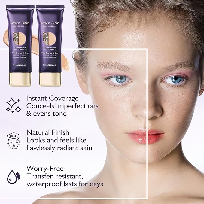 Body Coverage Perfector Waterproof, All Over Complexion Perfector,Long Lasting, Waterproof, Tattoo Cover Up Makeup Waterproof No Transfer, Tattoo Cover Up Makeup Waterproof (2.5OZ-2PC)