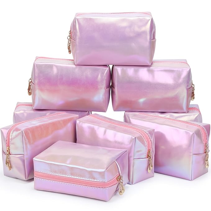 Sanwuta 9 Pcs Makeup Bags Bulk PU Double Zippers Cosmetic Bag Makeup Toiletry Pouch Portable Travel Organizers Case for Women Bachelorette Party End of The Year Bridesmaid Gift(Laser Pink)