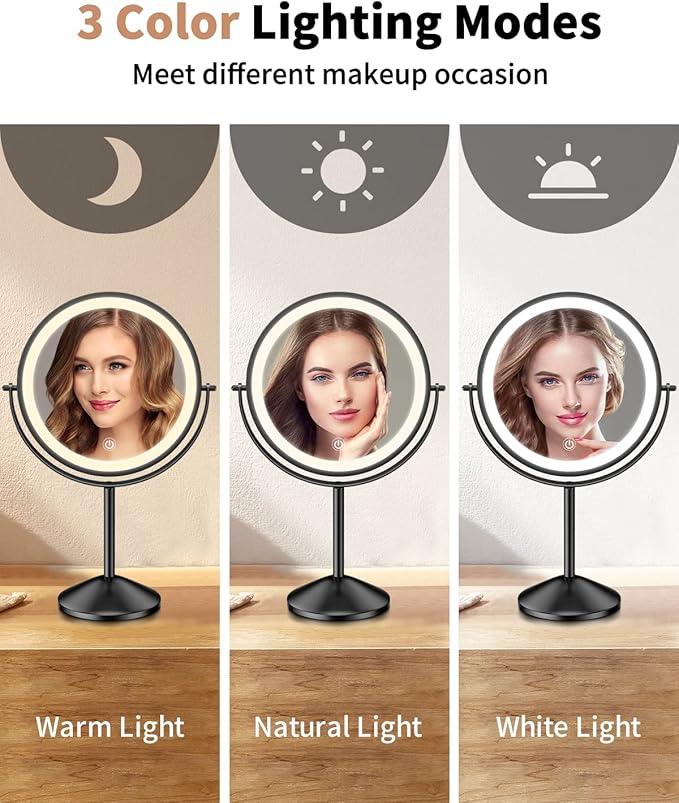 Gospire 8" Lighted Makeup Mirror with Magnification 10X/1X, 3 Color Lights & Dimmable Lighting, 360° Rotation Double Sided Rechargeable Cordless Vanity Cosmetic Standing LED Mirror for Makeup