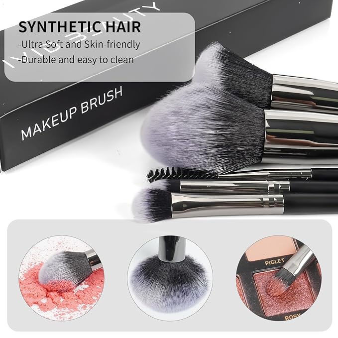 5pcs Basic Makeup Brushes- Portable Face and Eye Set for Powder, Blush, Bronzer, Eyeshadow, and Eyebrow - Travel Friendly Brush Kit -Perfect for Daily Make up and On the Go Touch-Ups (Black)
