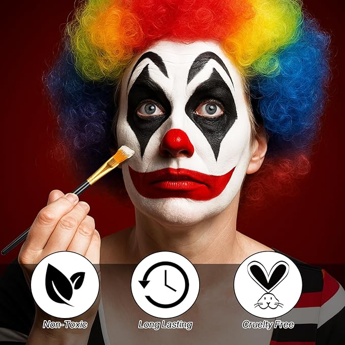 Afflano Red Black White Face Paint Halloween Clown Makeup Kit, Black and White Body Paint with Sponges Brushes, Washable Red Face Painting for Joker Pennywise Zombie Vampire Cosplay Theater SFX Makeup