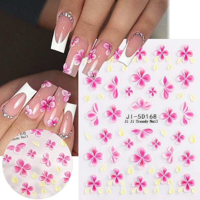 5D Embossed Flowers Nail Art Stickers, 5PCS Self-Adhesive Pink White Flower Sticker Floral Petals Cherry Blossom Butterfly Nail Decals French Tips Design Pegatinas para Uñas