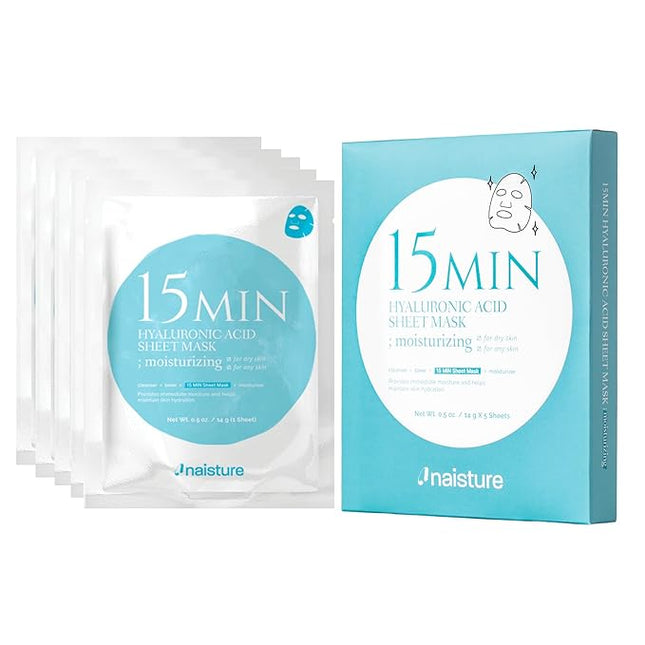Naisture Hyaluronic Acid Face Mask – 15 Minute Hydrating & Plumping Sheet Mask with Aloe, Collagen & Niacinamide for All Skin Types (5 ea)