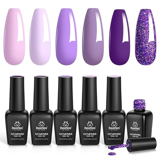 beetles Gel Polish Grape Vine Purple 6 Colors Purple Lavender Dark Lilac Glitter Pink Nail Polish Soak Off Uv LED Gel Nail Kit Salon Diy Nail Art Manicure Salon Home Gifts for Women
