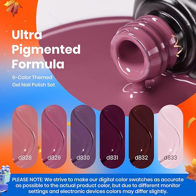 Beetles Burgundy Purple Gel Nail Polish Set - 6 Color Fall Dark Purple Maroon Mauve Plum Gel Polish Kit, Soak Off UV LED Nail Gel for Autumn Manicure Nail Art Gifts for Women