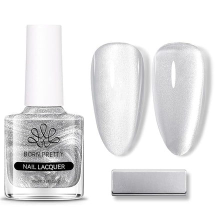 Born Pretty Cat Magnetic Eye Nail Polish, Silver Platinum Moonlight Quick Dry Sparkle Shimmer Glitter Nail Polish with Magnet 10ML