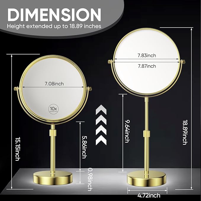 Nicesail Height Adjustable 15~19” Tall Table Mirror, 1X 10X Magnifying Mirror Double Sided for Makeup&Shaving, Desk Vanity Mirror Tabletop 360 Rotation of 8” Face, Bathroom Shiny Gold Makeup Mirror