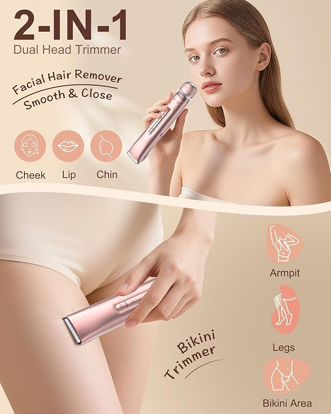 Bikini Trimmer for Women - Electric Razors for Women | Dual Head Electric Shaver for Ladies for Facial Hair Removal, IPX7 Waterproof, Painless & Flawless, USB Rechargeable, for Face, Bikini, Body, Leg