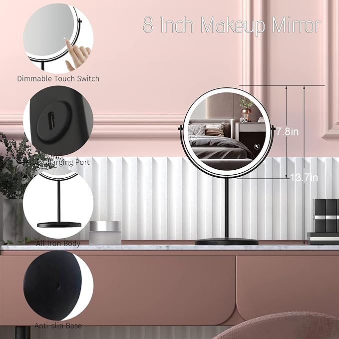 8” Lighted Makeup Mirror, 1X 10X Magnifying Mirror with Light, Double Sided Vanity Mirror with Lights, 3 Color LED Dimmable 2000mAh Rechargeable Black
