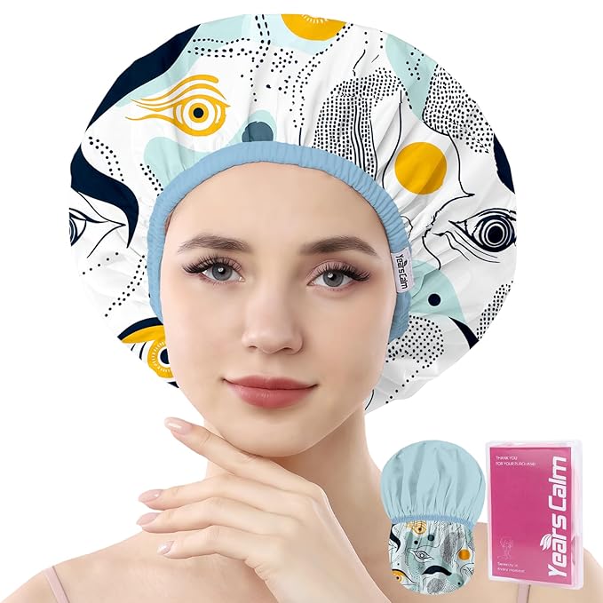 Years Calm Evil Eye Shower Caps for Women Reusable Waterproof, Pattern and Solid Color Dual-Layer Design, Hair Cap for Shower with Elastic Band, Fits Braids, Dreadlocks & Long Hair (Blue)