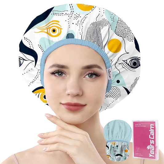 Years Calm Evil Eye Shower Caps for Women Reusable Waterproof, Pattern and Solid Color Dual-Layer Design, Hair Cap for Shower with Elastic Band, Fits Braids, Dreadlocks & Long Hair (Blue)