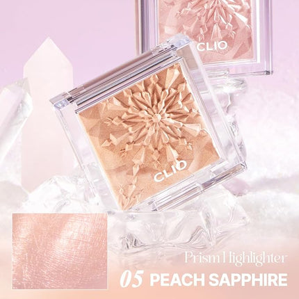 CLIO Prism Highlighter makeup, High Glossy Face Illuminator, Pearl Shimmer Smooth Baked Powder, Glitter Long- Lasting (6 Colors) (05 Peach Sapphire, One Size)