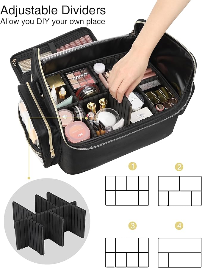 Extra Large Makeup Bag Makeup Artist Bag Professional Cosmetic Bag Travel Organizer Train Case with 4 Small Packet and Adjustable Dividers(Black, Extra Large)