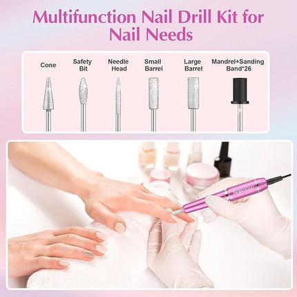 JIASHENG USB Electric Nail Drill, Portable File for Acrylic Gel Nails, Professional Manicure and Pedicure Kit With Drill Bits for Home and Salon Use, Rose Red
