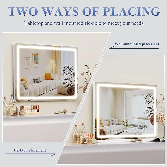 Vanity Mirror with Lights, 28" x 22" LED Makeup Mirror, Lighted Makeup Mirror with 10X Magnification,Dimmable 3 Modes, Touch Screen Control Vanity Mirror Round Gold