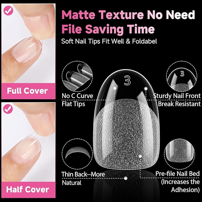 UNA GELLA Short Oval Round Nail Tips, Soft Gel Pre-shaped Half Matte Short Oval Gel Nail Tips Full Cover Acrylic Press on Fake Nails for Nail Extension Art DIY Nail Salon 216Pcs 12 Sizes