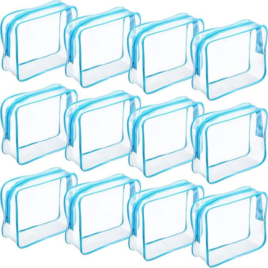 Weewooday 12 Pieces Clear Makeup Bags Cosmetic Storage Bags PVC Zipper Pouches Travel Waterproof Makeup Plastic Case for Women Organizing Toiletries Traveling Bathroom(Large,Blue)