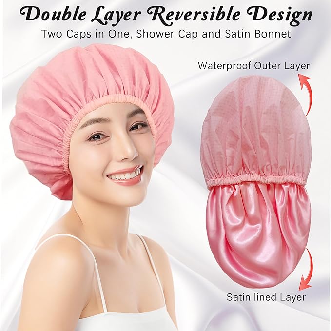 Shower Cap for Women, Shower Caps for Women Reusable Waterproof, Satin Lined Shower Cap, Hair Cap for Shower, Large Plastic Double Layers Bath Caps for Curly Hair Braids
