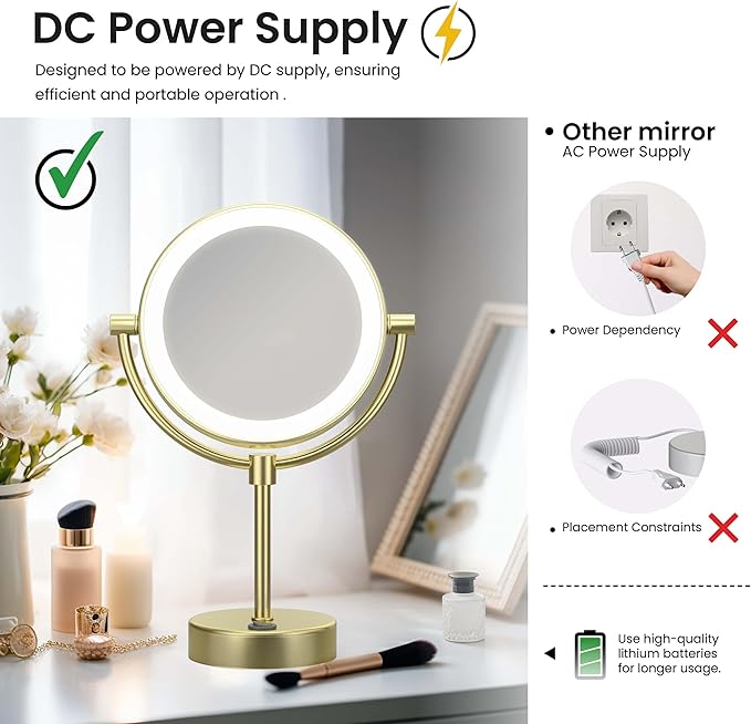 KIBI Circular Lighted Makeup Mirror with LED Lights and Magnification | 360-Degree Swivel with Adjustable Brightness, Dual-Sided Mirror for Desk with 5X Magnification (Brushed Gold Finish, KMM104)