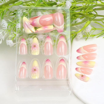 Press on Nails Almond Medium Yellow Pink Fake Nails with 3D Flower Gradient Designs French Tip Nails Press ons Acrylic Nail Glossy Glue on Nail Almond Stick on Nail for Women 24 Pcs