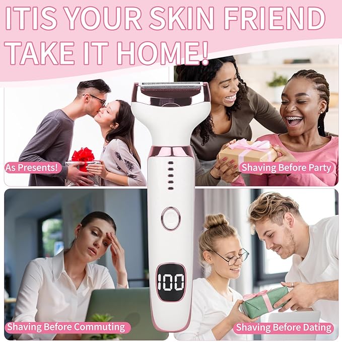 Electric Razors LED Display for Women Men, 2025 Wet/Dry Lady Shaver,4 in 1 Cordless Hair Remover with IPX7 Waterproof,Smooth & Silky Portable Bikini Electric Grooming Set Pink