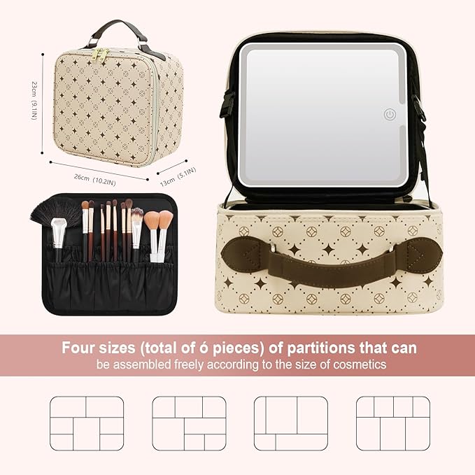 Travel Makeup Bag With 360° rotating LED Mirror,Waterproof cosmetic organizer,Portability Cosmetic case,Makeup organizer,Gift for Women,Girls Gift (Beige + Brown)