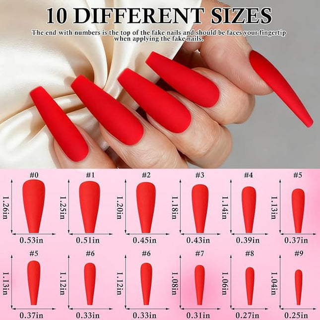 LoveOurHome 100pc Coffin Press on Nails Long Fake Nails Matte Full Cover False Nails Press ons Artificial Nail Medium Ballerina Fake Fingernail Red Presson on Nail Tips for Women Kids Girls
