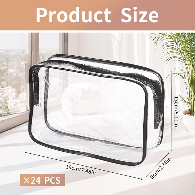 24 PCS Clear Makeup Bag with Zipper, Waterproof Transparent Toiletry Bag Organizer, PVC Portable Cosmetic Bags for Women Men Traveling Vacation Bathroom Home (Black)