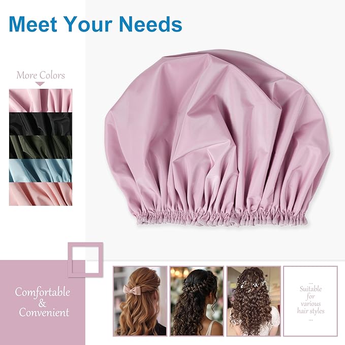 Shower Cap for Women, Double Layer Waterproof Bath Cap, Reusable Hair Protector, Large Waterproof Shower Bonnet Washable Elastic Band Bath Hair Hat for Long Hair, Braids， - Purple