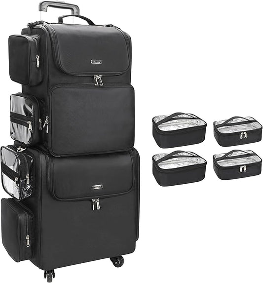 Relavel Rolling Makeup Train Case with Hair Stylist Backpack, Hairstylist Traveling Bag with 4 Wheels, Heat Insulation Full Layer, Adjustable Dividers, Hair Tools and Cosmetics Storage Organizer