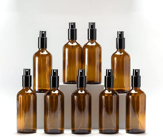 YIZHAO Amber Glass Spray Bottles 4oz, with Small Fine Mist Spray, Metal Cap, Refillable for Essential Oil,Travel,Cleaning,Perfume,Aromatherapy,Makeup – 9 Pcs