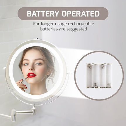 OVENTE Wall Mounted Lighted Makeup Mirror, 9" Double Sided 1X/10X Magnifying Vanity Mirror for Bathroom with LED Lights, Cordless, 360° Rotation and 13" Extendable Arm, Nickel Brushed MFW85BR1X10X