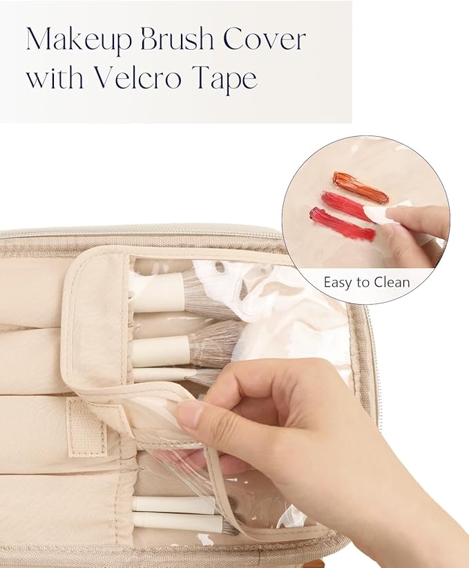 Prite Makeup Bag Portable Cosmetic Organizer with Brush Holder Waterproof Travel Toiletry Bag for Women with Handle and Divider (Blue)