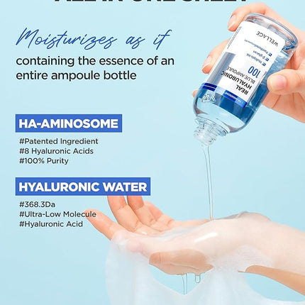 WELLAGE Real Hyaluronic Blue Ampoule Face Mask - Korean Hydratig Mask Moisture Boost with 10,000ppm Ultra-Low Molecular Hyaluronic Acid - Soft Vegan Cashmere Sheet for Sensitive Skin, 5 Sheets