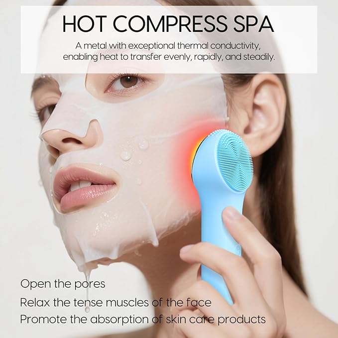 Silicone Facial Cleansing Brush, Portable Electric Face Scrubber with Heat and Vibration, 3 Modes Adjustable, Waterproof IPX6, USB-C Rechargeable, Deep Cleansing, Exfoliating and Massage