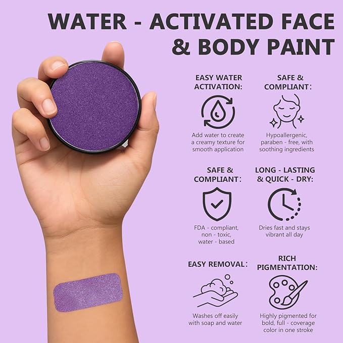 Face Body Paint Kit for Kids & Adults, Non-Toxic Water-Based Professional Face Painting Palette with Brushes for Halloween Clown Goth Vampire SFX Makeup, Art Stage Cosplay Parties, Purple