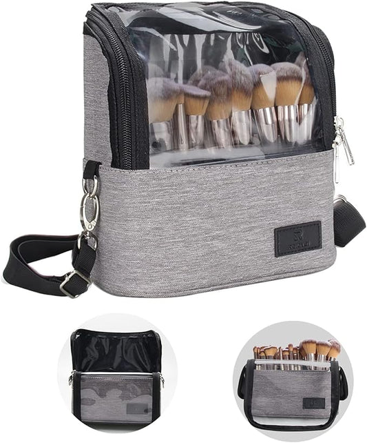 Makeup Brush Case Makeup Brush Holder Travel Makeup Bag for Women Stand-up Brush Cosmetic Bags Professional Makeup Artist Storage Organizer with Shoulder Starp and Adjustable Dividers