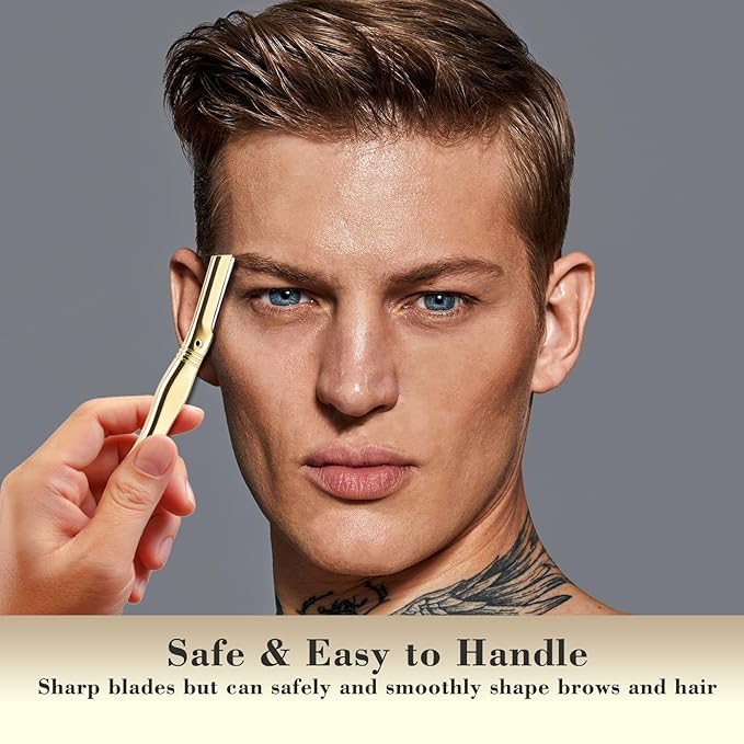 Eyebrow Razor for Women and Men, Face Razors for Women, Dermaplane Razor with Protective Silicone Cover, Reusable Metal Handle with 6 Refill Blades, Skin Care Tool - Shiny Gold