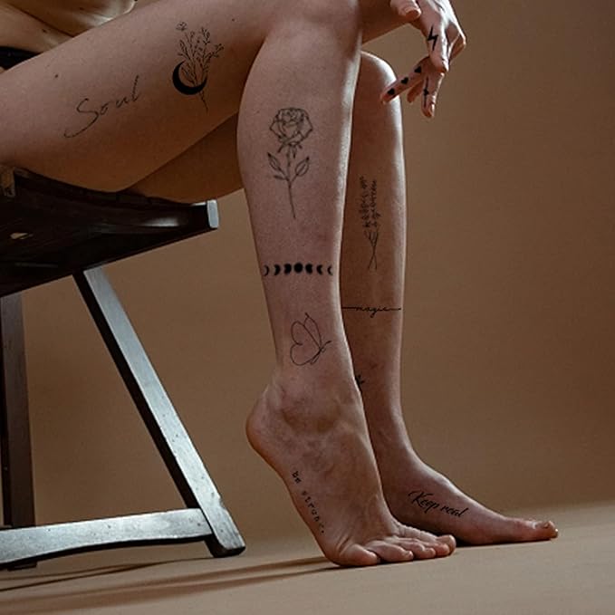 Realistic Temporary Tattoos for Women - 60 Sheets Tiny Small Removable Adult Fake Tattoos,185 Pcs Minimalist Waterproof Inspirational Quotes Words Wild Flower Floral Bouquet Adults Tattoo Stickers
