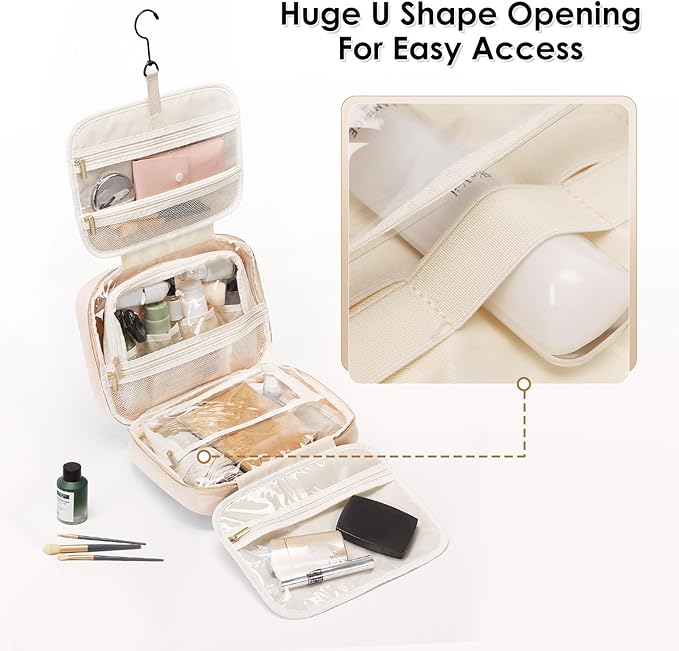 Travel Toiletry Makeup Bag for Women Hanging Toiletry Bag Cosmetic Organizer Make up Bags for Women Travel Makeup Essentials, Beige