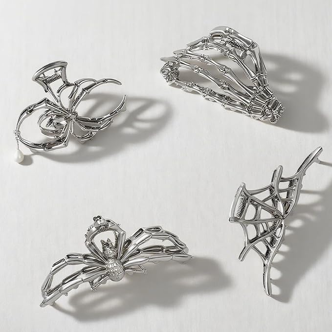 3Pack Metal Black Spider Web hair clips Skeleton Hand Skull Hair Clips for Women And Girls,Goth Accessories for Thick Hair, Claw Clips Hair Accessories Halloween Christmas Gift (Black 3Pcs)