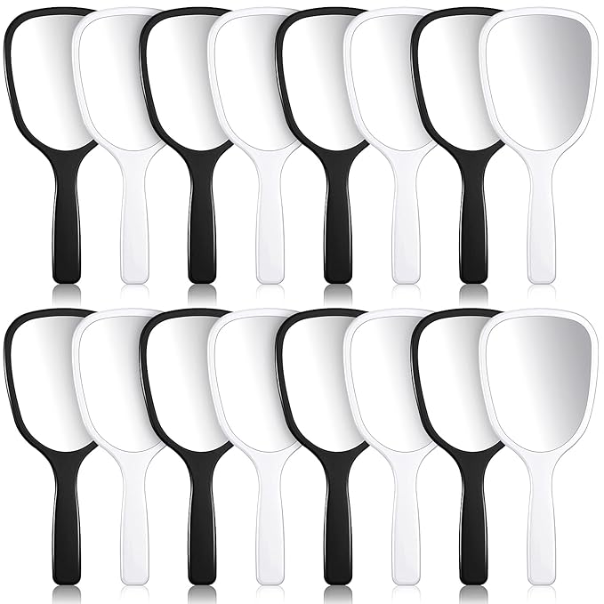 Hicarer 16 Pcs Hand Handheld Mirror with Handle Plastic Travel Makeup Handheld Cosmetic Mirror for Travel, 3.15 Inch Wide, 7.09 Inch Long (Black,White)
