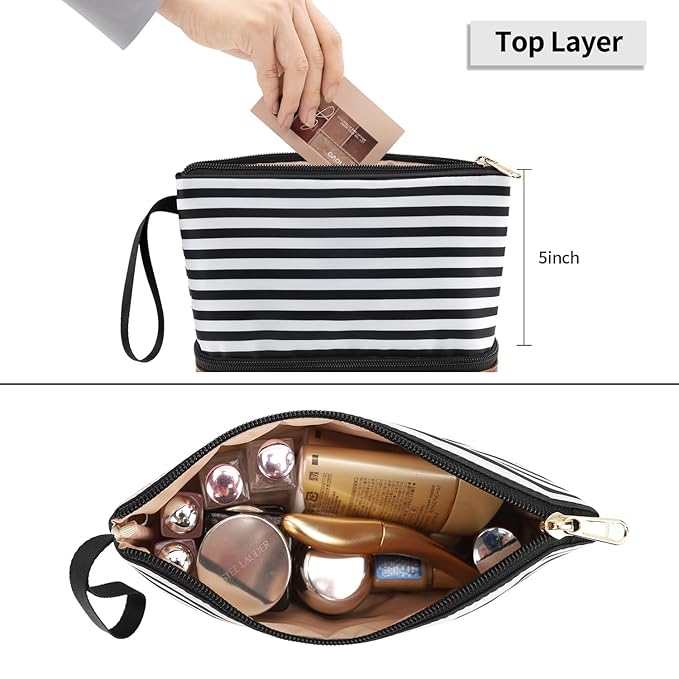 Ethereal Small Makeup Bag for Purse, Stripe Makeup Brush Organizer Bag Travel Make up Bags for Women Double Layer Makeup Pouch for Girls/Women
