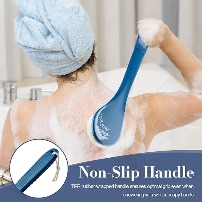 Back Scrubber for Shower, Shower Body Brush for Cleaning with Long Handle for Showering, 17 Inch Back Washer Exfoliator for Shower Men Women with Non-Slip Handle, Adhesive Hook (Navy Blue)