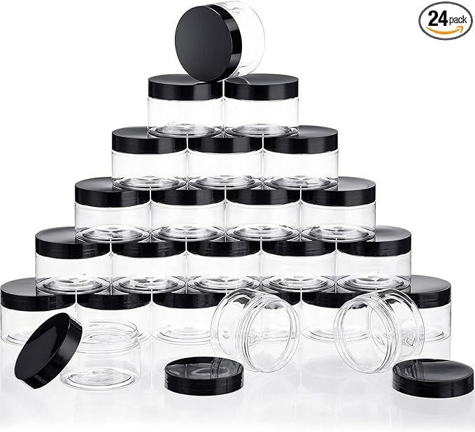 SATINIOR 24 Pieces Empty Clear Plastic Jars with Lids Round Storage Containers Wide-Mouth for Beauty Product Cosmetic Cream Lotion Liquid Butter Craft and Food (Black Lid, 1 oz)
